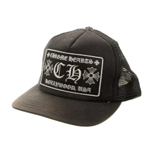 black Chrome Hearts Hollywood Logo Trucker Hat